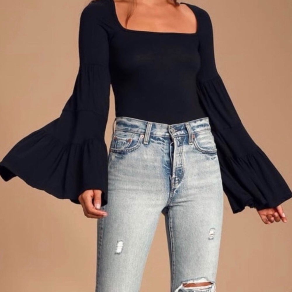 Free People Black long bell sleeved top